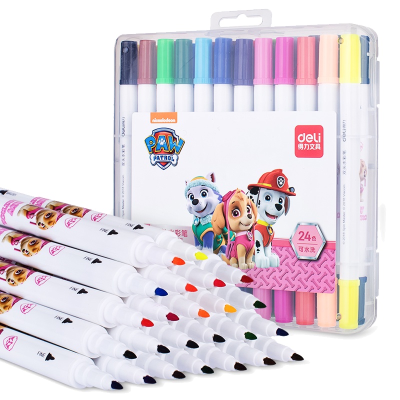 得力汪汪队立大功双头水彩笔套装细头儿童幼儿园学生用彩笔软头水彩画笔24色可水洗安全无毒绘画70717FEN