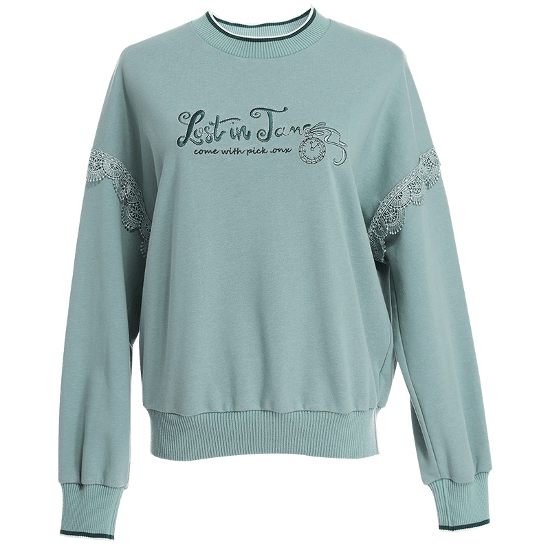 欧昵雪字母绣花圆领套头宽松卫衣女花边拼接长袖上衣