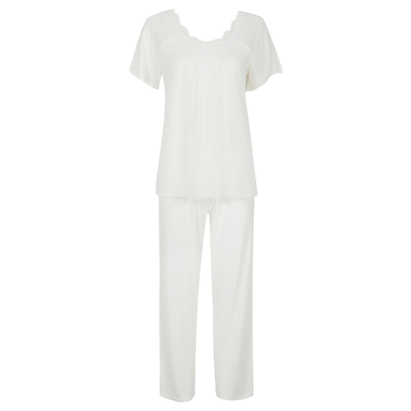 古今圆领网纱褶皱短袖长裤可外穿睡衣舒适夏季家居服套装 7H177