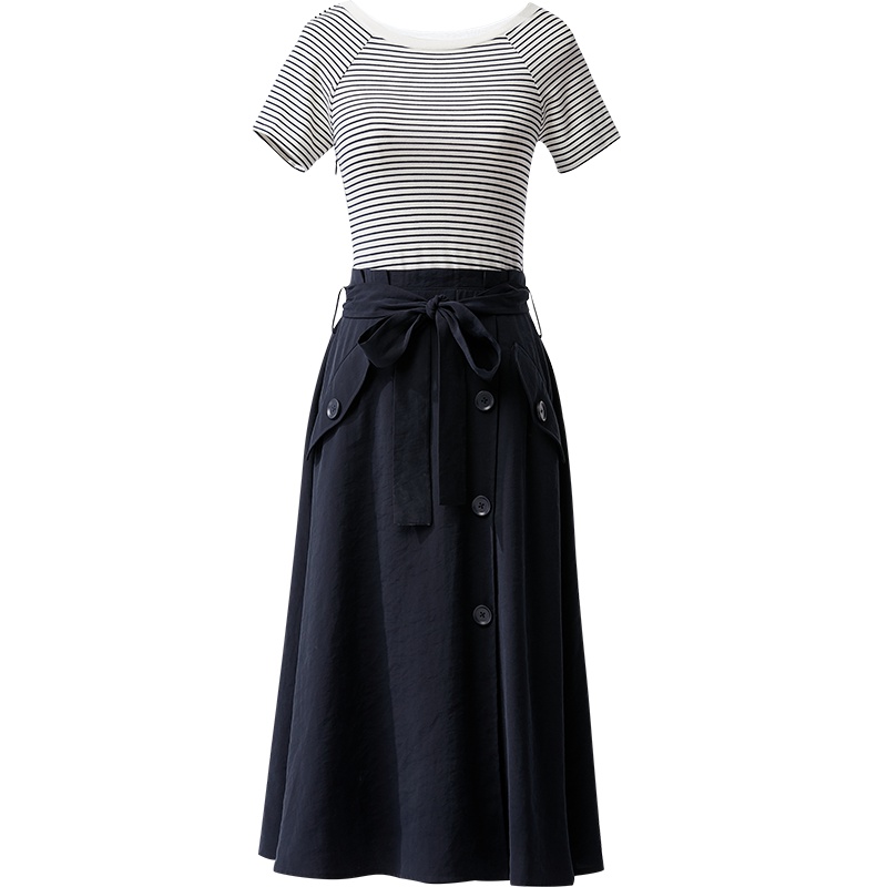 欧昵雪夏季蝴蝶结系带高腰拼接短袖条纹假两件连衣裙女