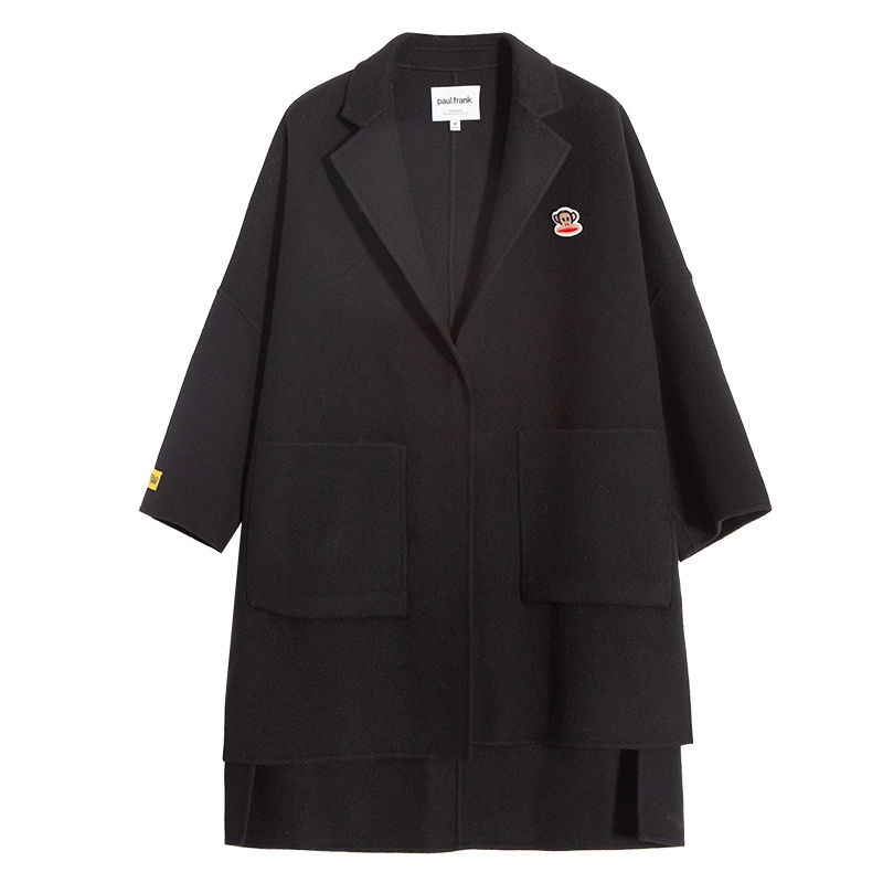 Paul Frank/大嘴猴秋冬毛呢外套女纯色韩版宽松时尚外衣 黑色 M