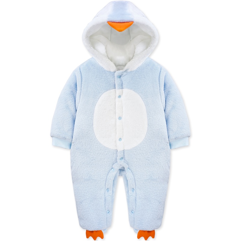 婴姿坊冬季男童女童连帽夹棉加厚连体衣新生宝宝可爱企鹅毛绒爬爬服 59-80cm 0-18个月