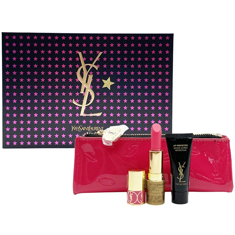 圣罗兰(YSL)唇印红色漆皮化妆包+圣罗兰莹亮纯魅唇膏1.6g 49+圣罗兰亮颜唇部精华霜3ml