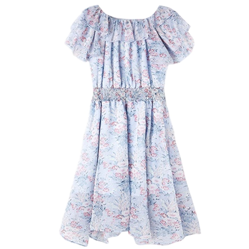 La Babite一字肩连衣裙女夏季新款小个子雪纺碎花仙女裙子a字中长款春