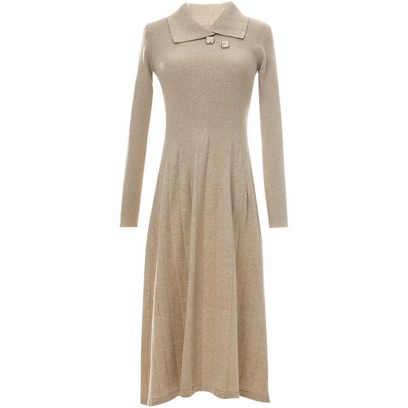 欧昵雪秋冬装翻领长袖收腰过膝针织连衣裙女打底毛衣裙