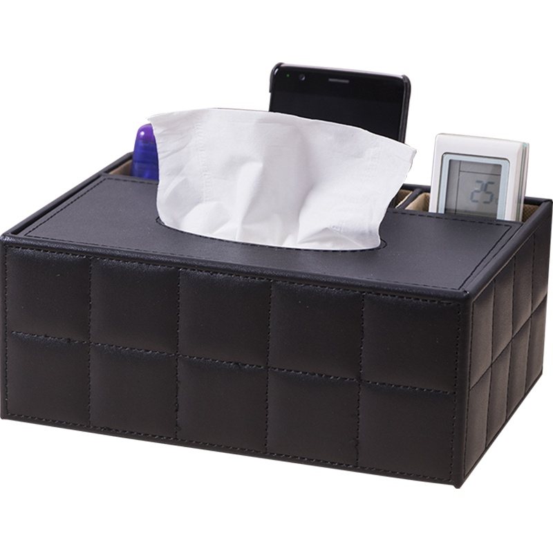 欧润哲 纸巾盒 黑色多格版羊皮纹款 PU皮革抽取式创意家用房间客厅茶几抽纸盒 多功能桌面遥控器收纳盒单只