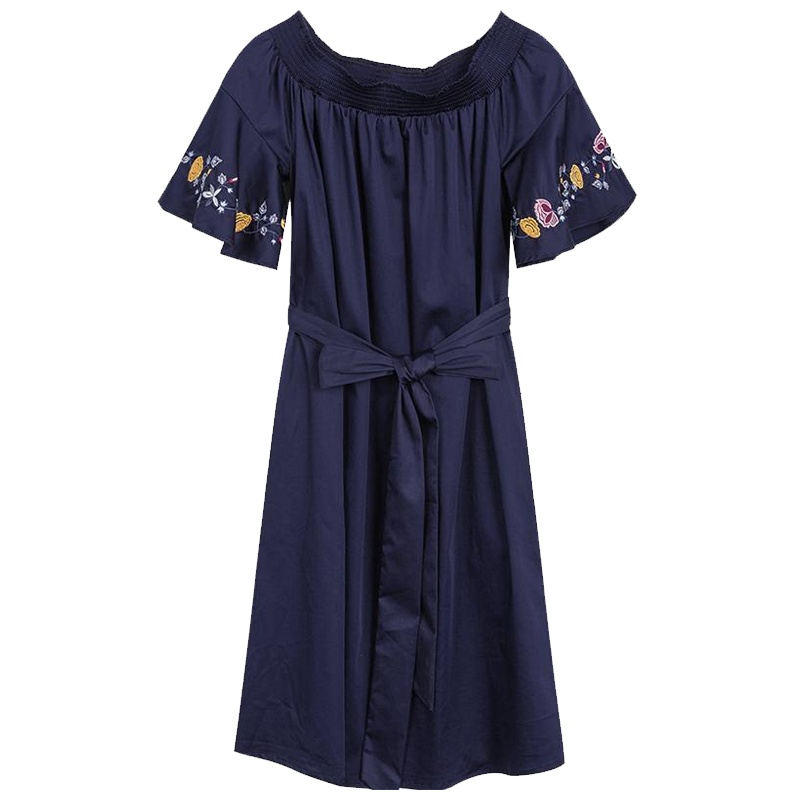 拉夏贝尔一字肩连衣裙子夏季蝴蝶结新款淑女气质露背短袖刺绣花中长裙_820 S 粉蓝