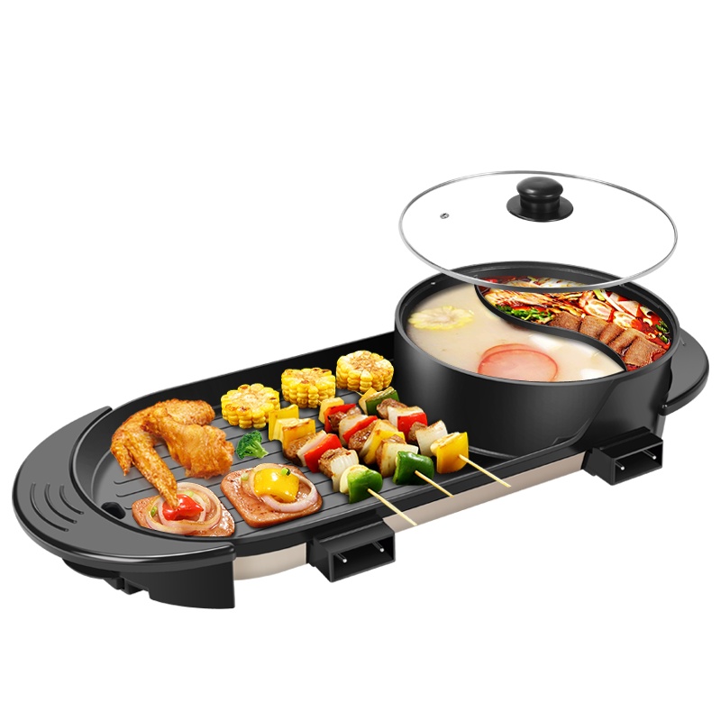 益多 电烧烤炉多功能电火锅家用无烟电烤炉烤肉机双控涮烤一体鸳鸯锅烤肉烤串烧烤机 HY-A8鸳鸯款