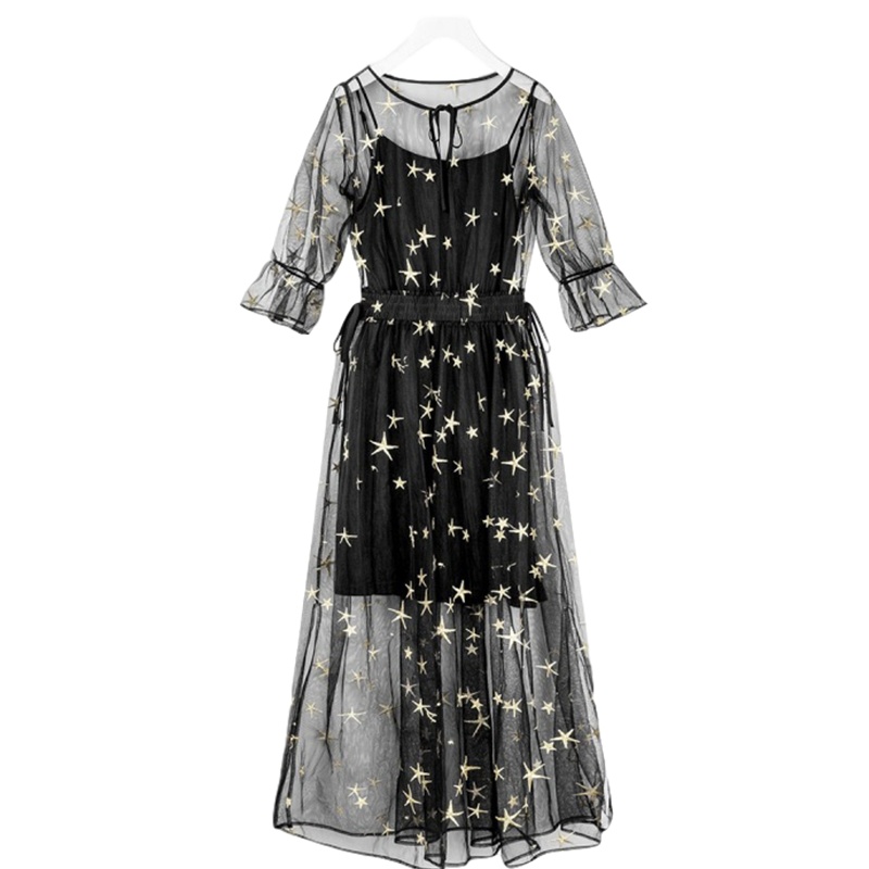 拉夏贝尔拉贝缇夏季女韩版仙气两件套高腰长款网纱连衣裙