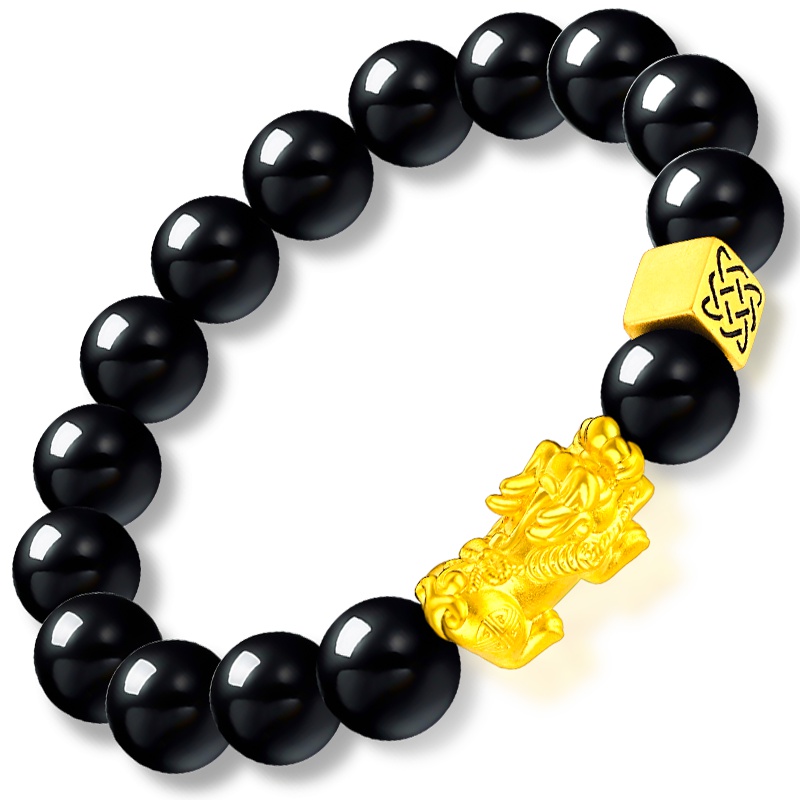 蒂蔻 貔貅守护黄金手链男款足金黑玛瑙手串3D硬金手饰品生日礼物送老公