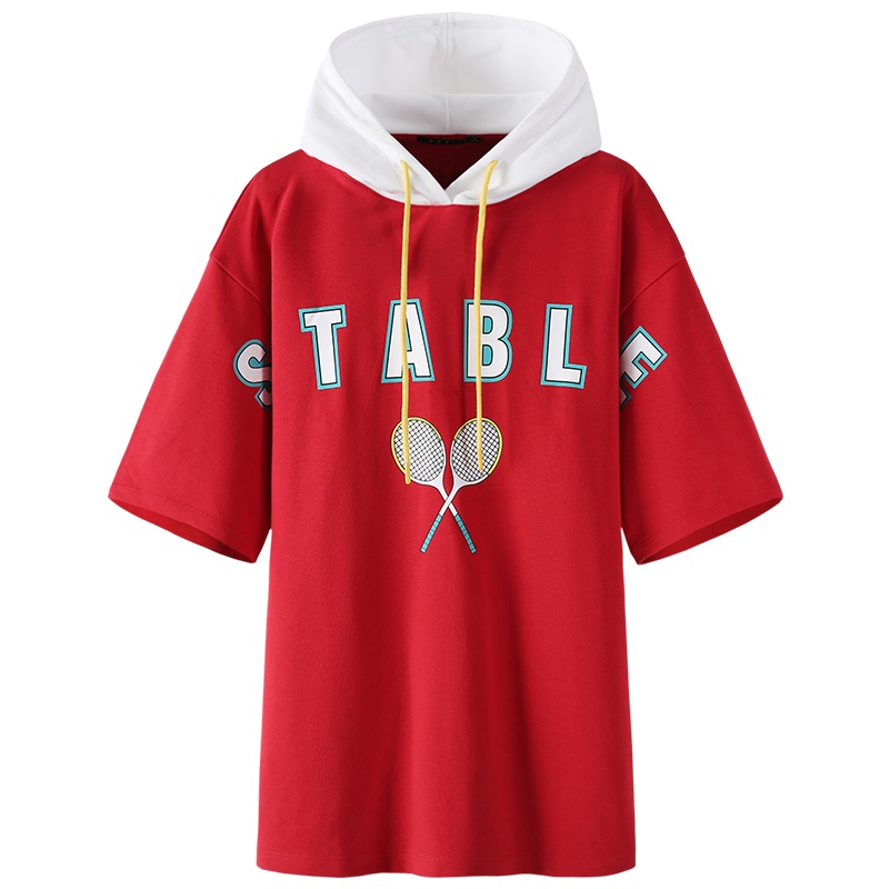 森马卫衣女2019春秋新款短袖连帽撞色韩版潮流印花宽松上衣学生