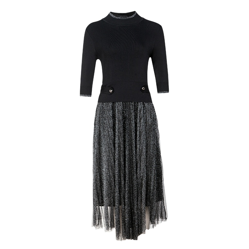 晚白2019秋季新品名媛立领收腰中长款A字百褶针织连衣裙女