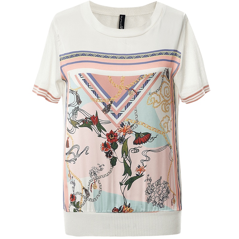 欧昵雪夏季圆领仿真丝印花薄款针织衫女小众短袖显瘦上衣