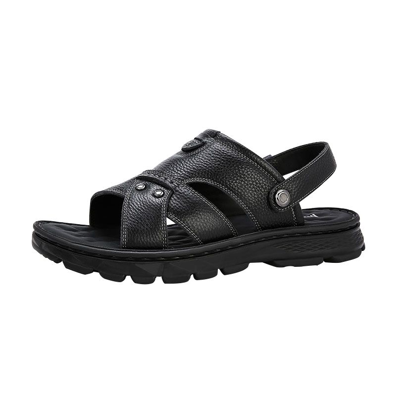 木林森凉鞋男真皮新款夏季男士外穿软底中老年爸爸鞋头层牛皮沙滩鞋男