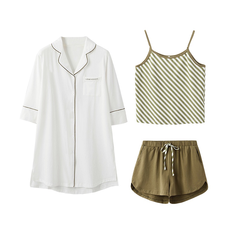 乌拉拉公主睡衣女夏棉质短袖短裤吊带三件套装休闲简约条纹家居服