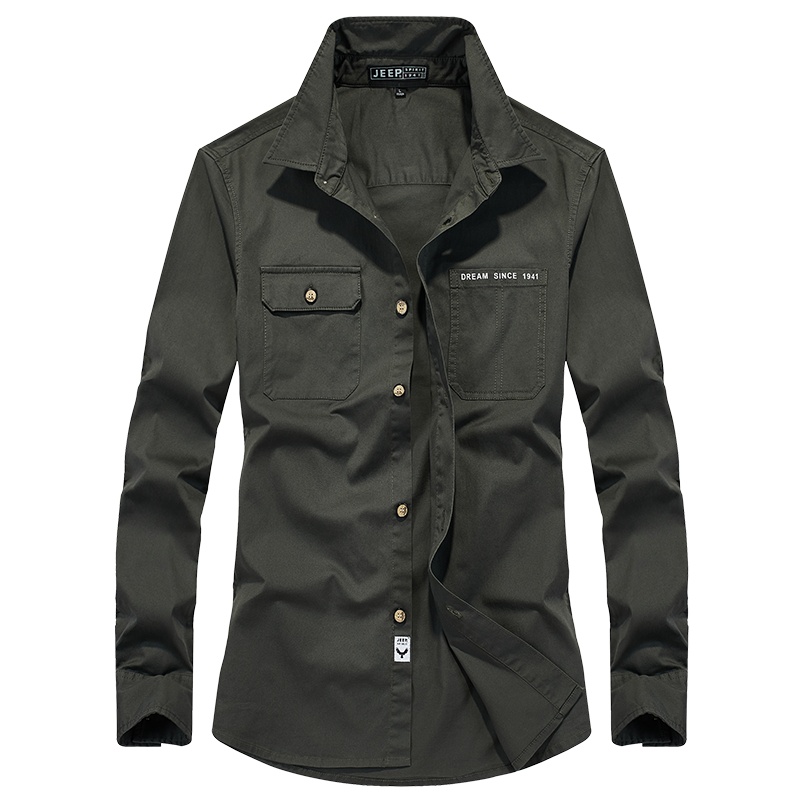 JEEP SPIRIT水洗衬衫男2021秋季新款纯棉弹力男士纯色衬衫外套宽松潮流衬衫工装潮