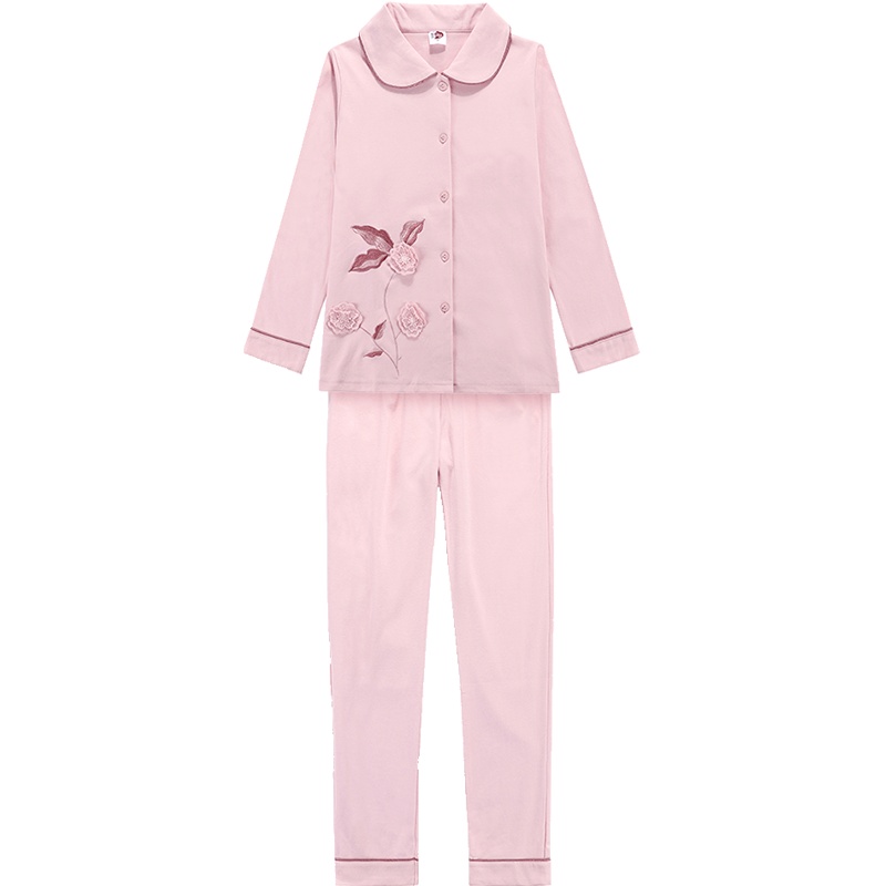 都市丽人简约纯色休闲亲肤舒适柔软轻薄长袖对襟女士睡衣家居服1H9108