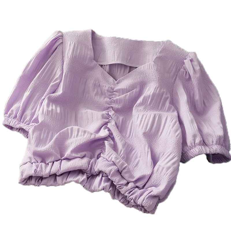 2020新款洋气褶皱短款收腰韩版灯笼袖学生休闲短袖小衫女上衣潮