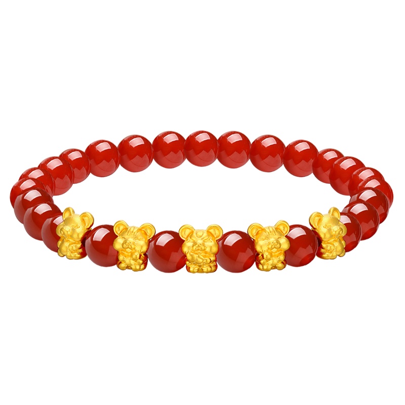 蒂蔻 本命年生肖五福鼠黄金转运珠手链女款红玛瑙路路通手串3D硬足金可爱小老鼠手饰新年礼物