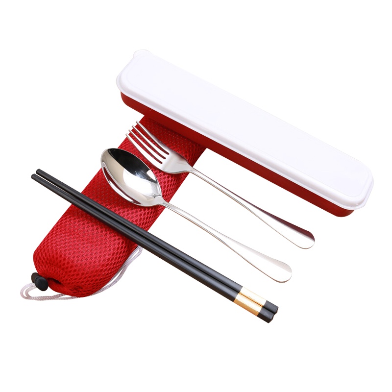 拾画 304不锈钢学生成人筷子勺子叉子套装便携式餐具盒装三件套韩版(红色)SK-6217