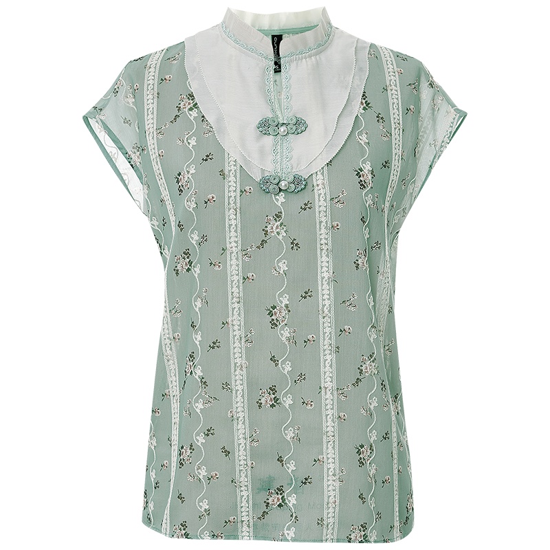 欧昵雪复古盘扣夏季中国风气质半开领雪纺衫短袖上衣女