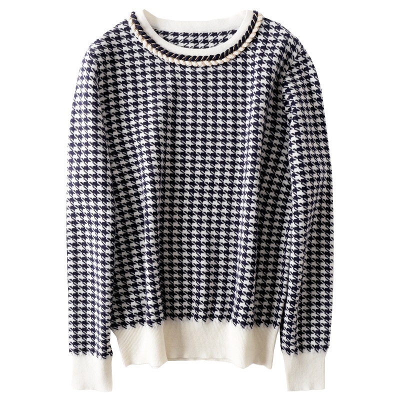雪米贝奴 轻奢小香风羊毛针织衫女秋冬款圆领宽松千鸟格毛衣加厚打底衫