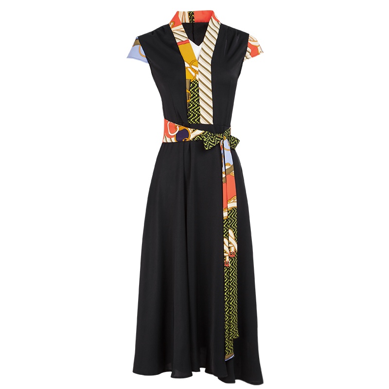 晩白 新品时尚民族风V领收腰显瘦中长款A字大摆连衣裙