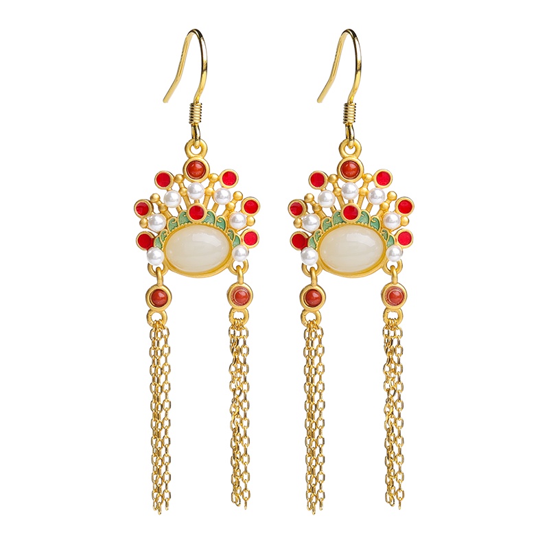 印象眸 s925银镶和田玉白玉珐琅女款新娘新郞婚嫁款耳饰 附送证书