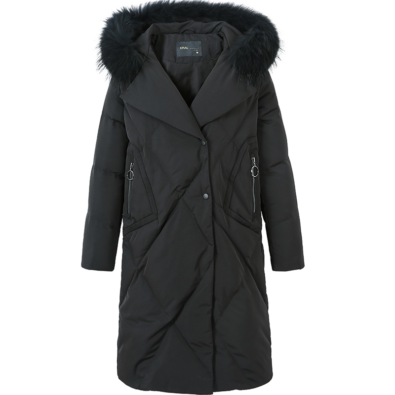 艾莱依2019秋冬新款时尚连帽H型中长款女士羽绒服大衣