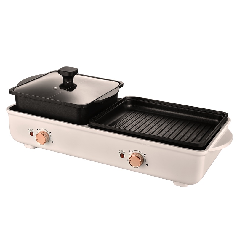 分体电烤盘无烟烧烤烤肉锅烤肉盘火锅烧烤一体锅家用电火锅烧烤盘电烤炉直径31CM新丰腾单个烤盘米白色+鸳鸯锅+大礼包