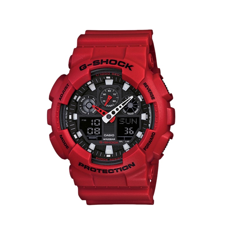 卡西欧(CASIO)男表G-SHOCK运动手表黑武士大表盘双显石英表潮酷烈焰红 GA-100B-4A