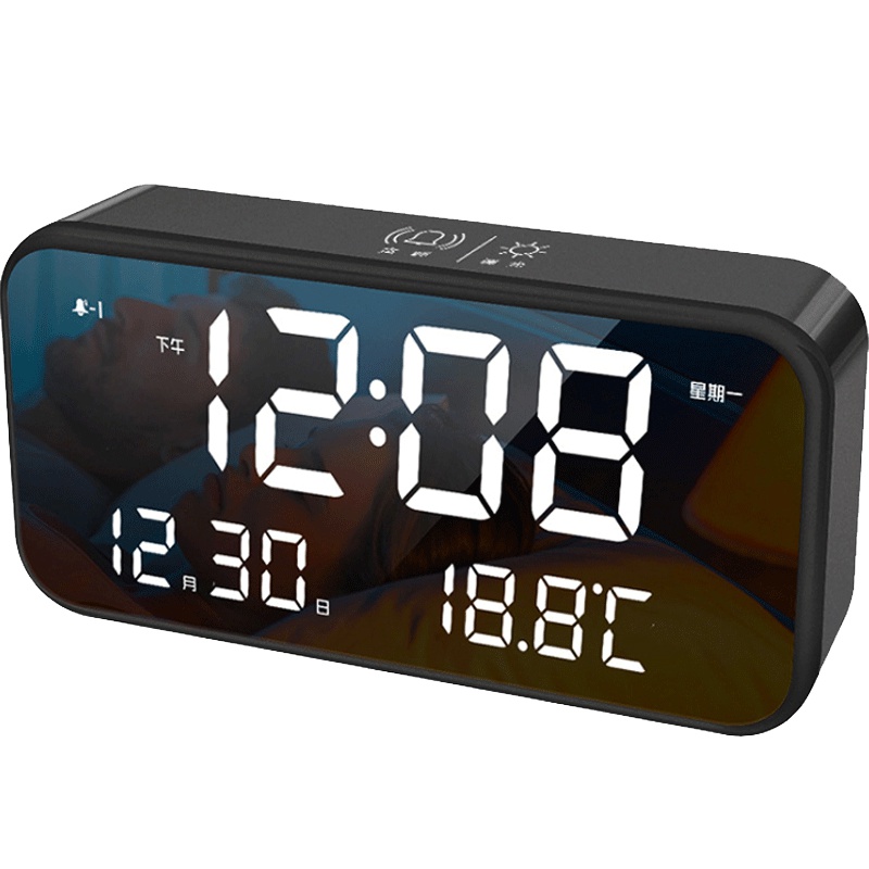北极星(POLARIS)智能锂电池音乐电子闹钟多功能客厅卧室LED静音学生时钟创意时尚镜面家用床头钟表儿童卧室闹表座钟