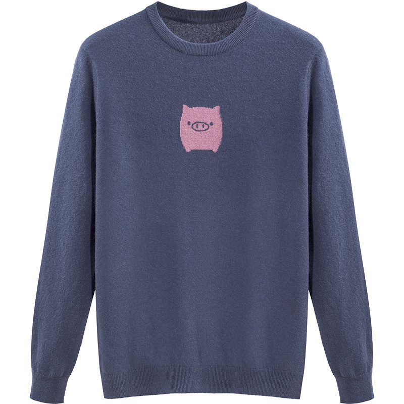 鄂尔多斯ERDOS 秋冬圆领可爱小猪提花舒适羊绒衫男士针织衫/毛衣