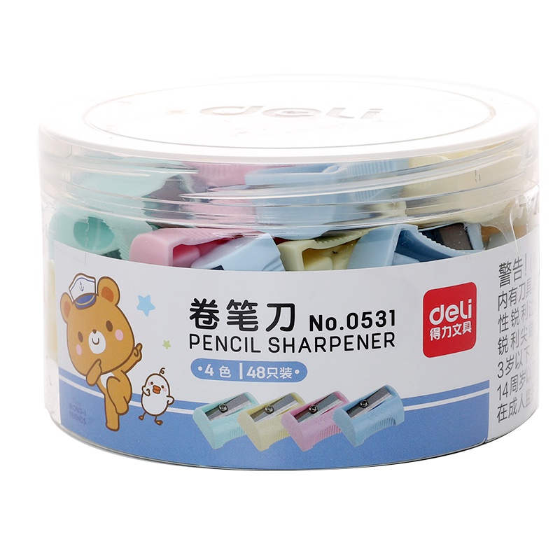 得力(deli)0531铅笔迷你卷笔刀小学生削笔器转笔刀刨刀手动削眉笔刀儿童彩色糖果色小刀学习文具用品48个装