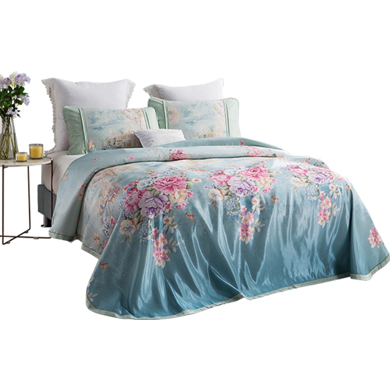 堂皇(Tevel)夏季冰丝席三件套可折叠水洗凉席花卉动物图案中国风