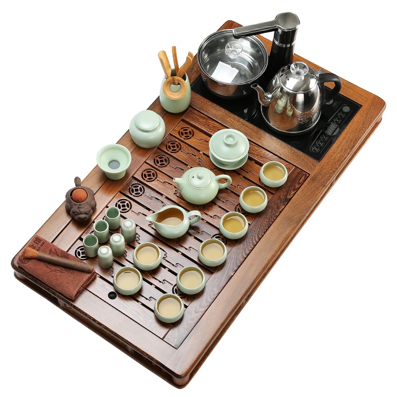 金镶玉 茶具套装 功夫茶壶茶杯配件 红木茶盘茶台 涌泉自动上水电茶炉 至尊汝窑