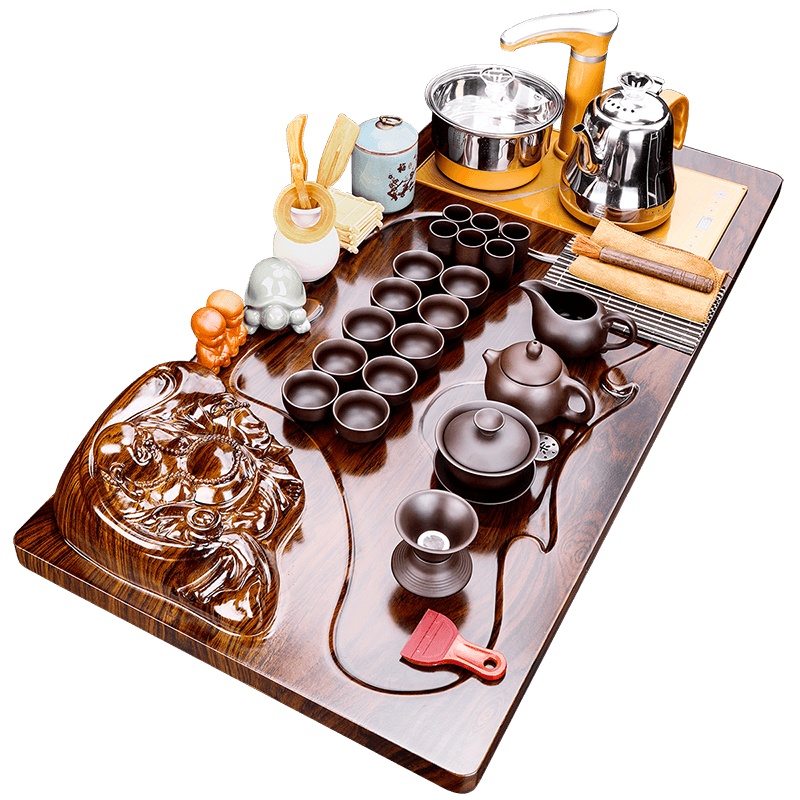 言艺紫砂茶具套装家用整套陶瓷泡茶器实木茶盘 圣龙西施配笑佛弥勒全自动快速炉