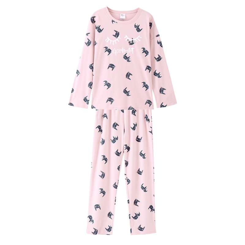 都市丽人萌趣印花图案薄款圆领长袖套头家居服套装女士睡衣1H92A1