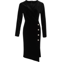 晚白2021春季新品时尚简约纯色V领修身显瘦丝绒裙包臀连衣裙女