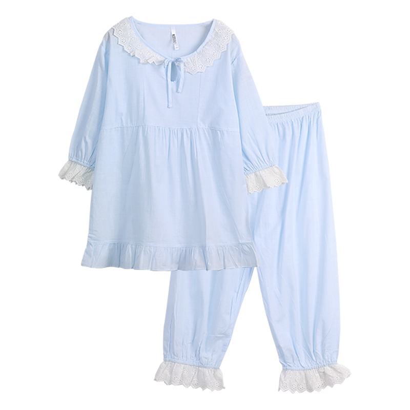 红豆居家春夏款纯棉睡衣女士七分袖娃娃领荷叶边公主风可外穿家居服