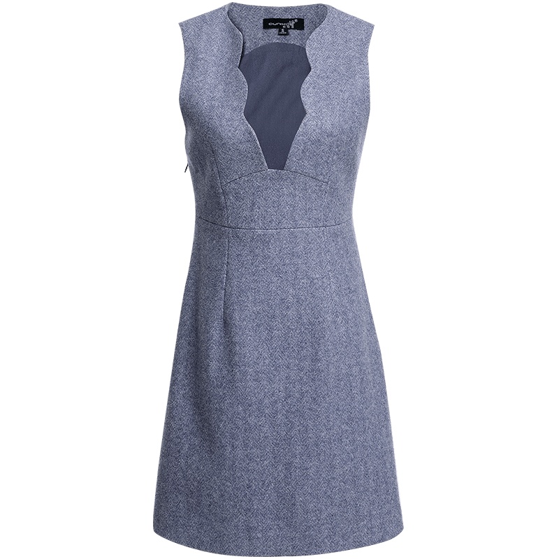 欧昵雪秋冬波浪型领口修身高腰呢子短裙无袖毛呢连衣裙女