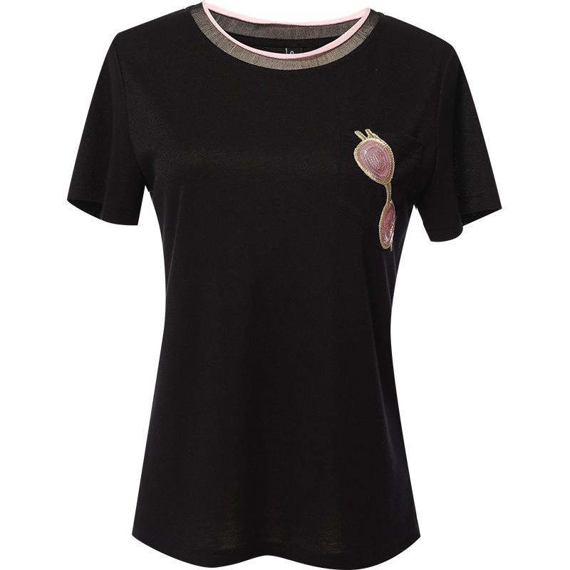 欧昵雪撞色圆领套头显瘦珠片绣章仔T恤女短袖上衣