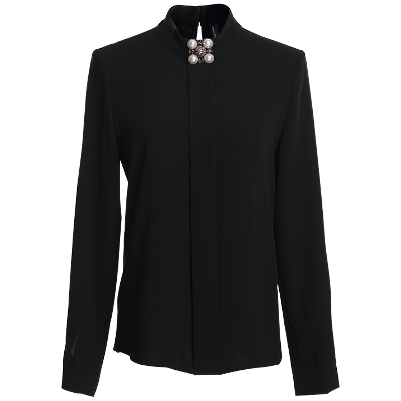 欧昵雪秋装套头立领衬衫女长袖黑色OL衬衣休闲修身上衣