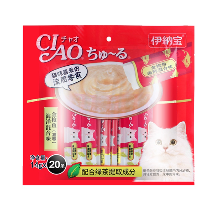 伊纳宝妙好啾噜 流质肉条成幼猫零食宠物湿粮整包 14g*20支 鸡肉海鲜混合味