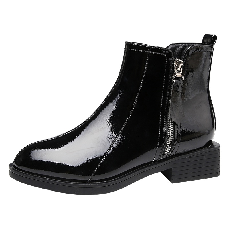 PLAYBOY/花花公子冬季加绒休闲简约纯色漆皮侧拉链设计圆头粗跟时尚短靴女G10399235