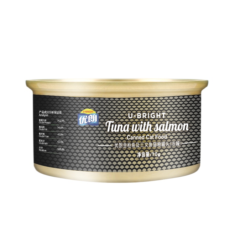 泰国进口 优朗(U-BRIGHT)宠物猫粮金枪鱼及三文鱼猫罐头(冻罐)70g