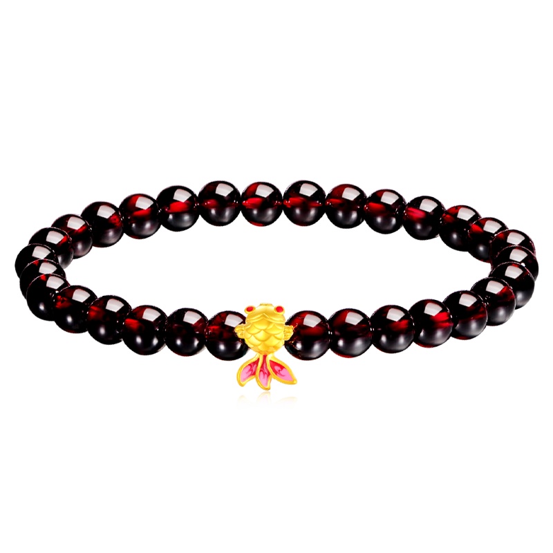 蒂蔻（tico）幸运锦鲤小金鱼黄金手链女款3D硬足金石榴石路路通手串时尚烤漆圣诞节生日礼物送女友