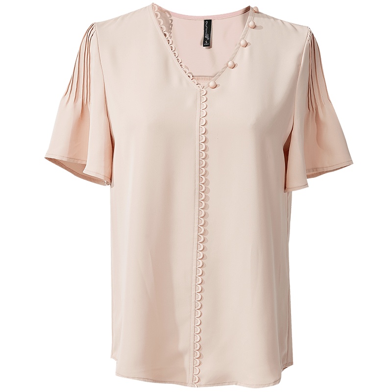 欧昵雪不对称V领褶皱喇叭袖气质上衣女短袖时尚小衫