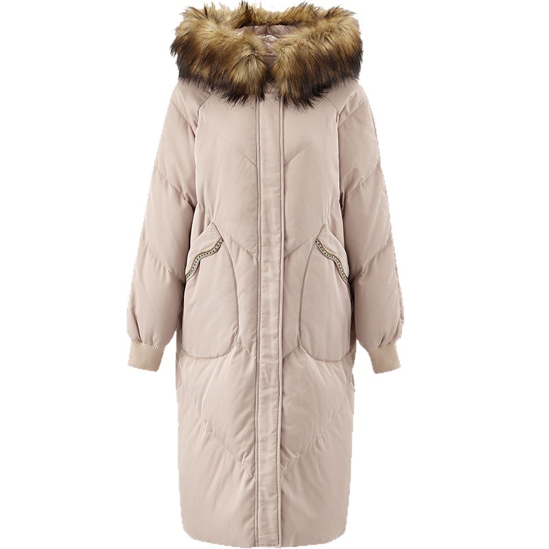 茵曼2019新款时尚茧型连帽大毛领羽绒服女中长款宽松白鸭绒加厚潮