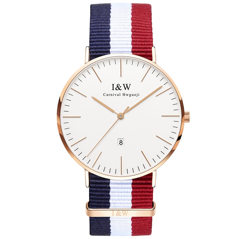 嘉年华CARNIVAL手表纤薄石英表 男士休闲时尚简约大表盘防水男表专柜同款英伦风腕表织物带日历款I&W 8757G-3